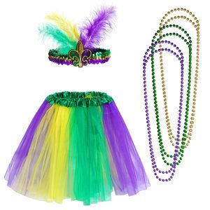 Mardi Gras Tulle Tutu Skirt With Feather Headband And Beads For Women Girls,🙀